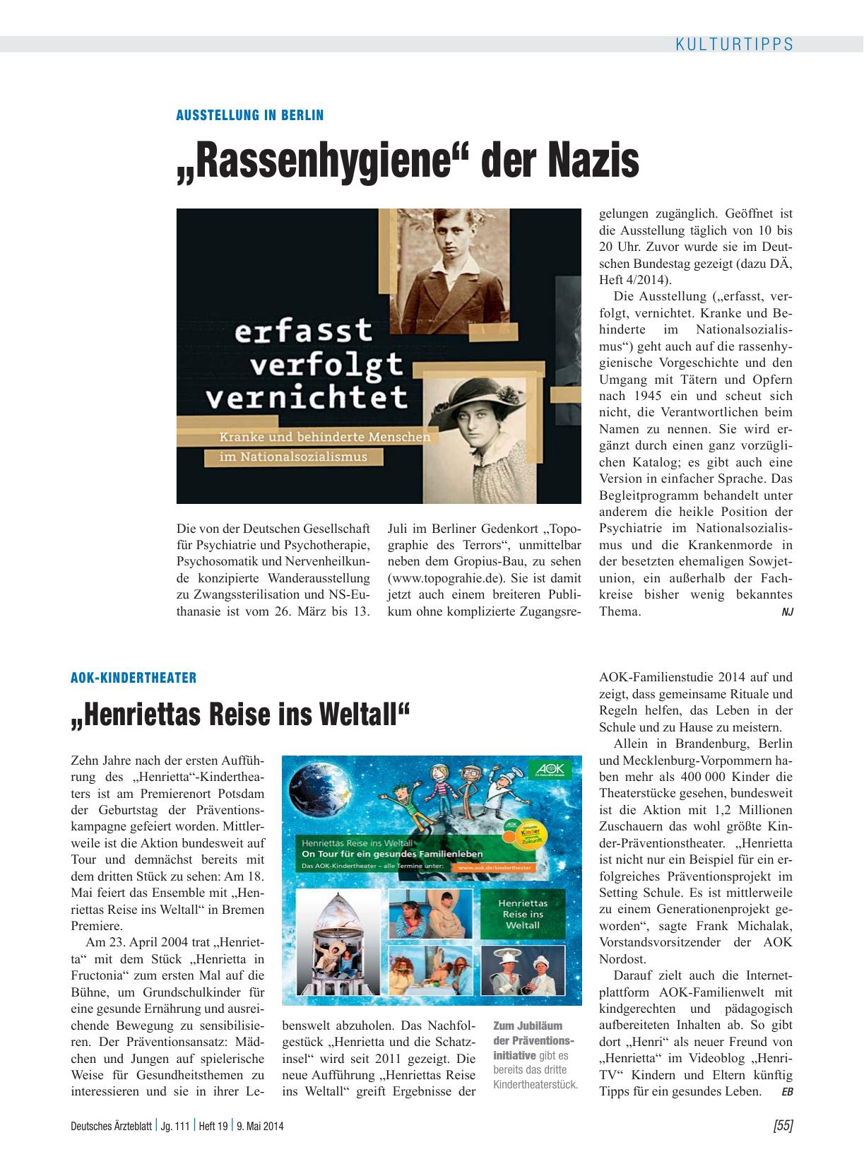 Vorschauseite 1: Ausstellung in Berlin: „Rassenhygiene“ der Nazis