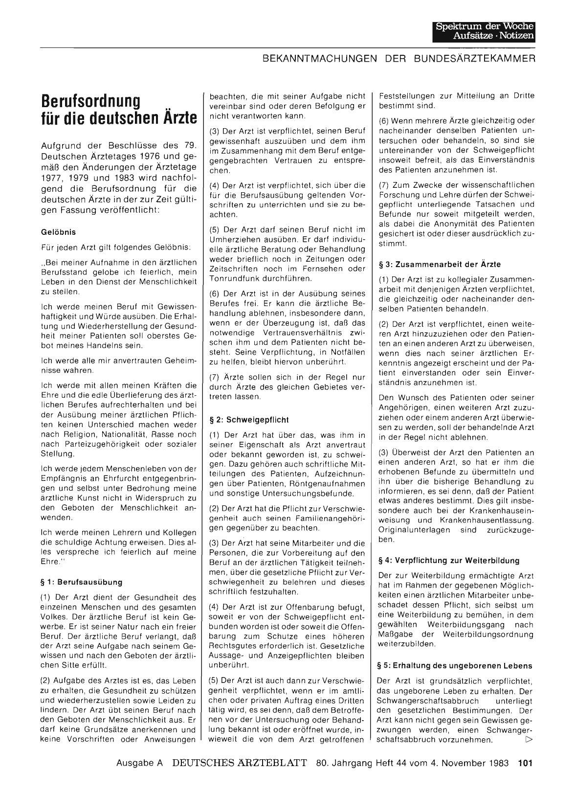 Vorschauseite 1: BEKANNTMACHUNGEN DER BUNDESÄRZTEKAMMER: Berufsordnung für die deutschen Ärzte