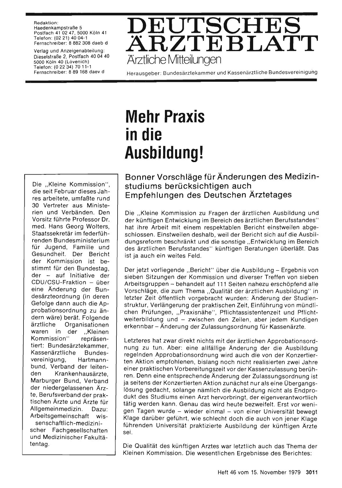 Vorschauseite 1: Mehr Praxis in die Ausbildung! : Bonner Vorschläge für Änderungen des Medizinstudiums berücksichtigen auch Empfehlungen des Deutschen Ärztetages