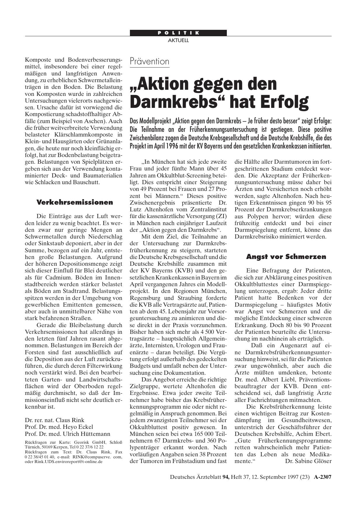 Vorschauseite 1: Prävention: „Aktion gegen den Darmkrebs“ hat Erfolg