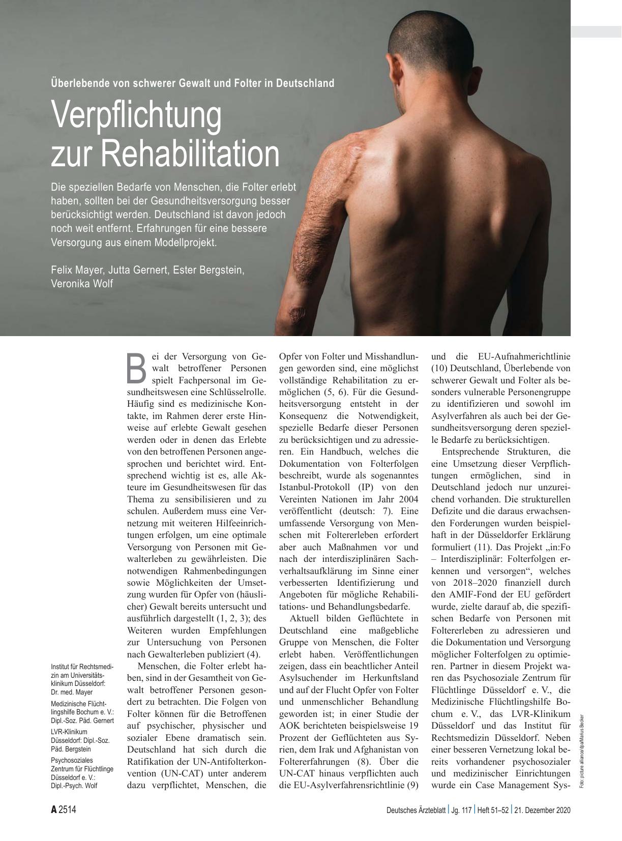 Vorschauseite 1: Überlebende von schwerer Gewalt und Folter in Deutschland: Verpflichtung zur Rehabilitation