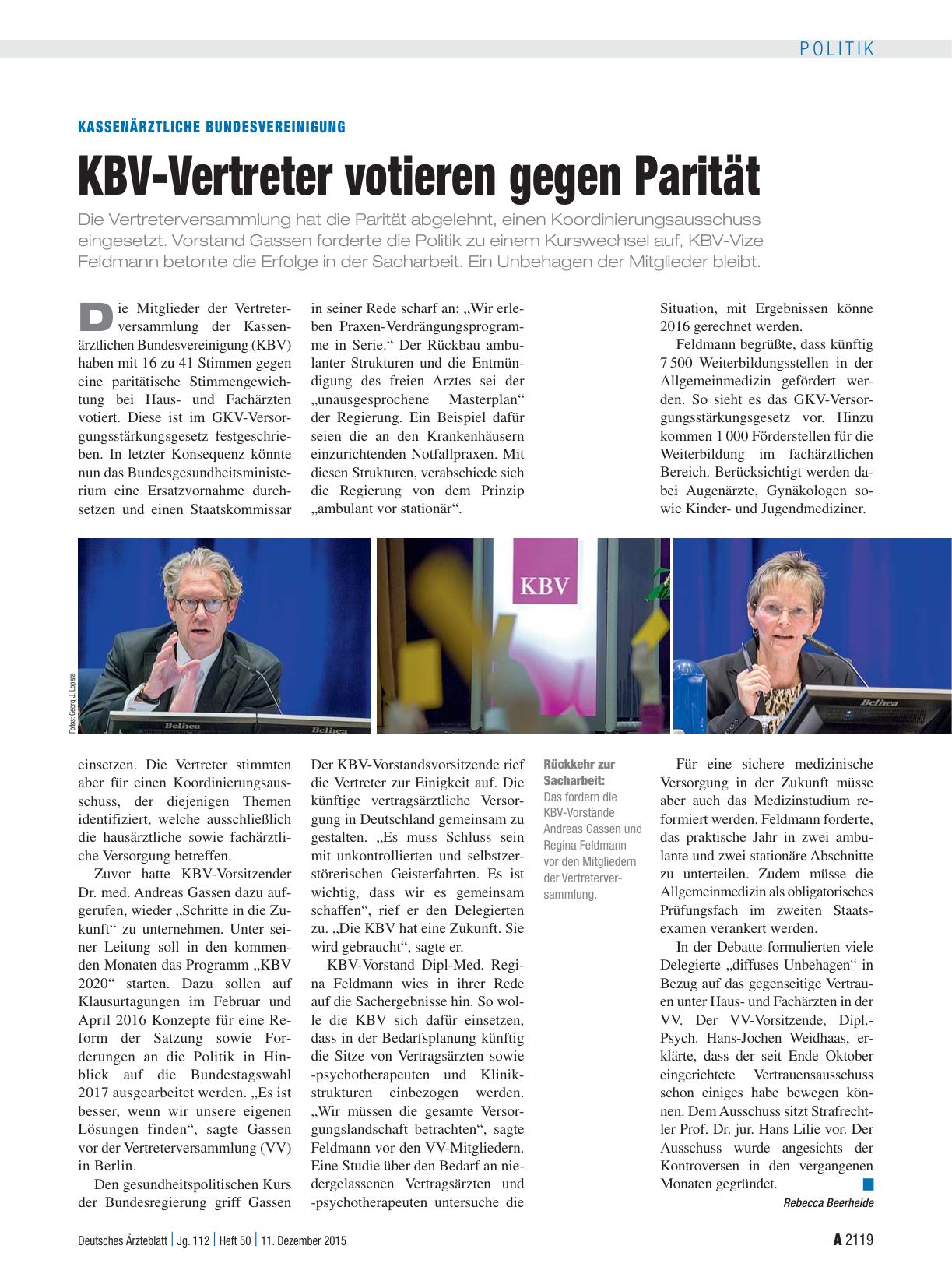 Vorschauseite 1: Kassenärztliche Bundesvereinigung: KBV-Vertreter votieren gegen Parität