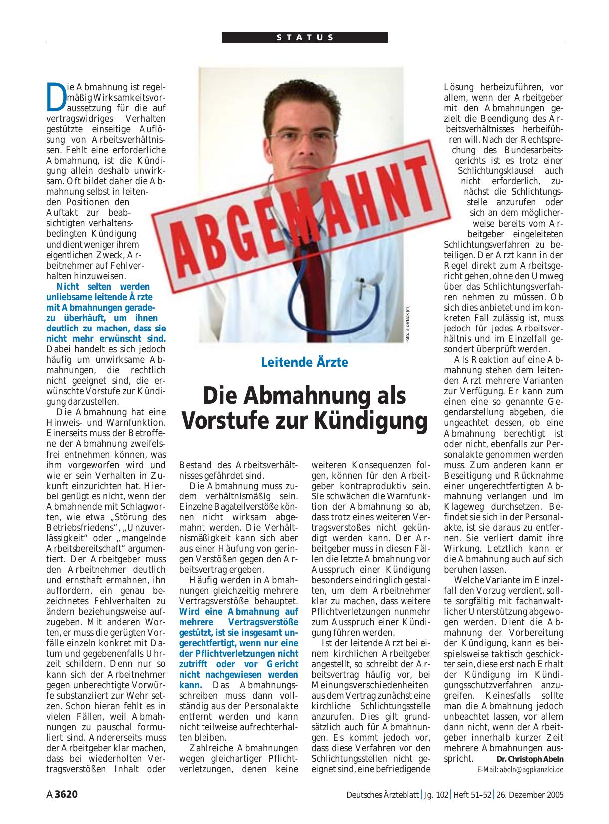 Vorschauseite 1: Leitende Ärzte: Die Abmahnung als Vorstufe zur Kündigung