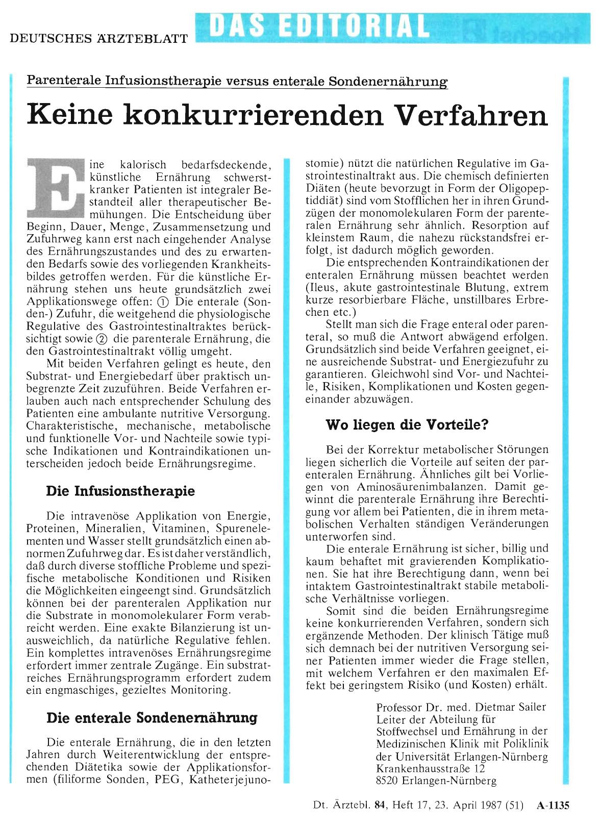 Vorschauseite 1: Parenterale Infusionstherapie versus enterale Sondenernährung: Keine konkurrierenden Verfahren