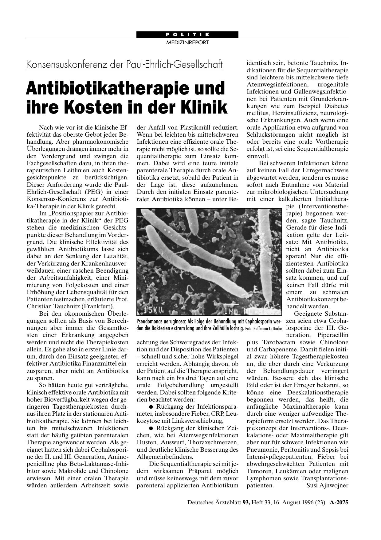 Vorschauseite 1: Konsensuskonferenz der Paul-Ehrlich-Gesellschaft: Antibiotikatherapie und ihre Kosten in der Klinik