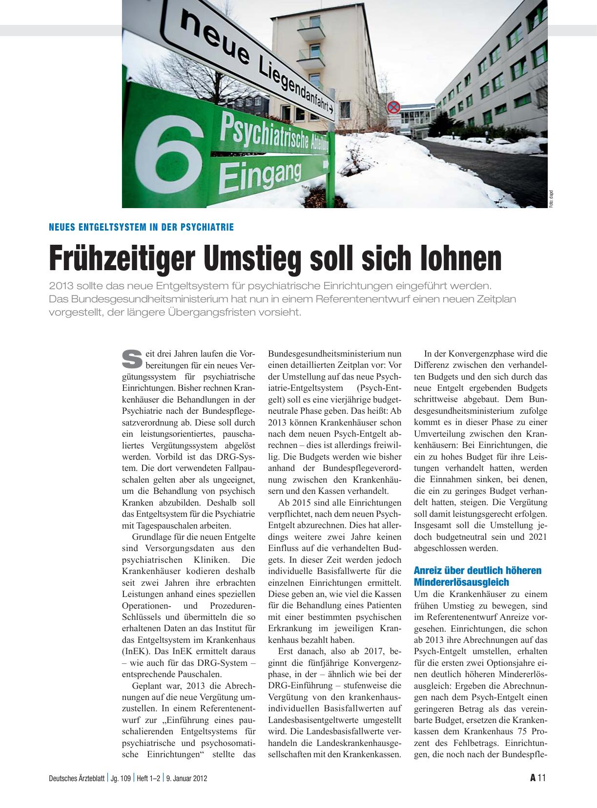 Vorschauseite 1: Neues Entgeltsystem in der Psychiatrie: Frühzeitiger Umstieg soll sich lohnen