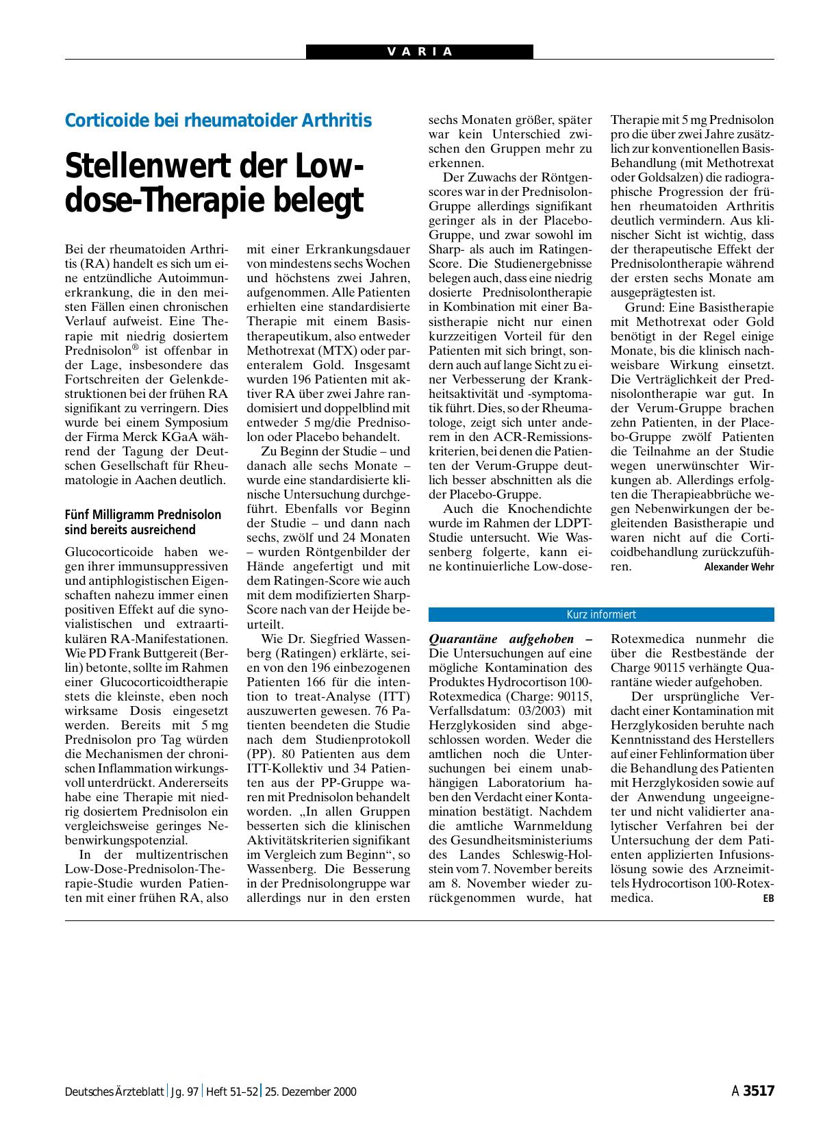 Vorschauseite 1: Corticoide bei rheumatoider Arthritis: Stellenwert der Low-dose-Therapie belegt