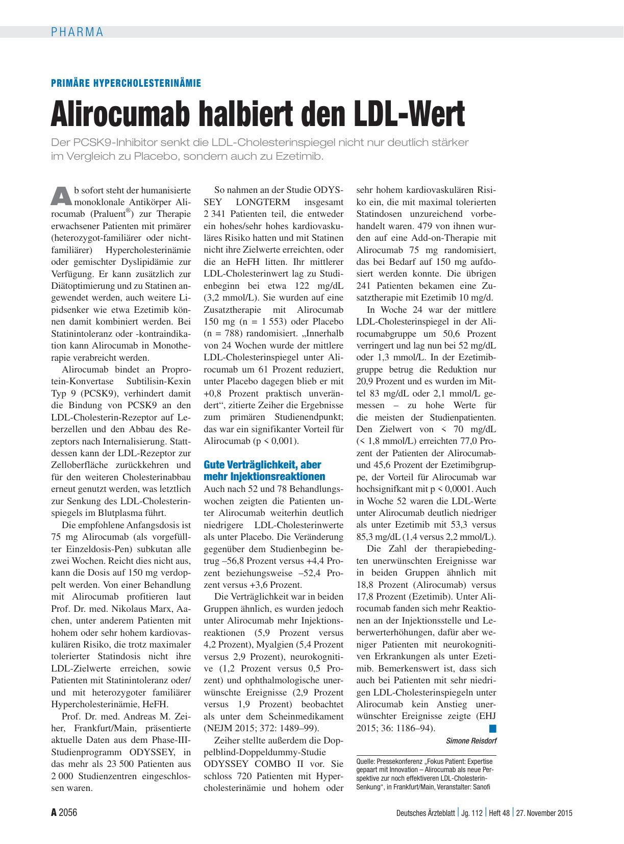 Vorschauseite 1: Primäre Hypercholesterinämie: Alirocumab halbiert den LDL-Wert