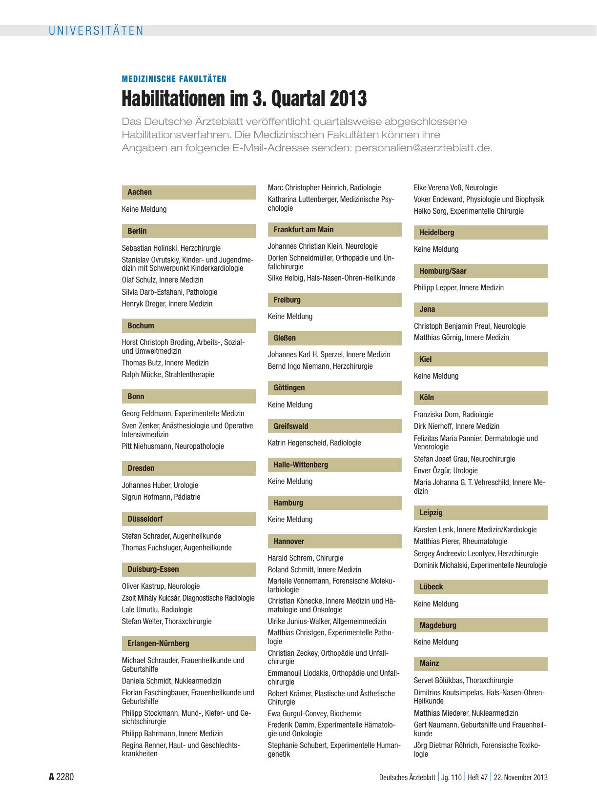 Vorschauseite 1: Medizinische Fakultäten: Habilitationen im 3. Quartal 2013