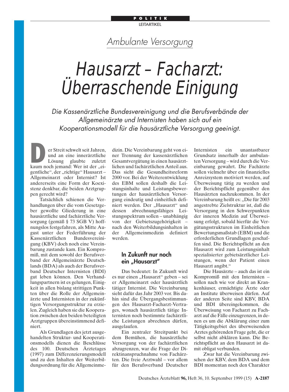 Vorschauseite 1: Ambulante Versorgung: Hausarzt - Facharzt – Überraschende Einigung