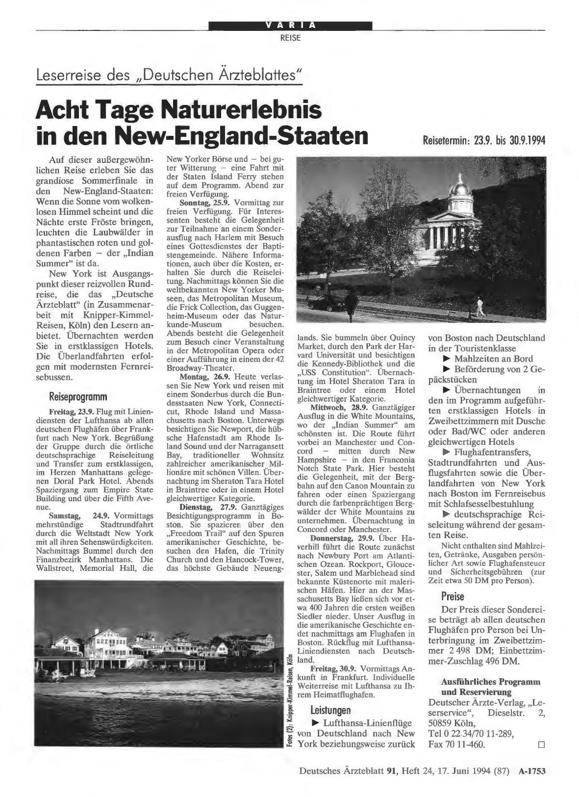 Vorschauseite 1: Leserreise des „Deutschen Ärzteblattes“: Acht Tage Naturerlebnis in den New-England-Staaten