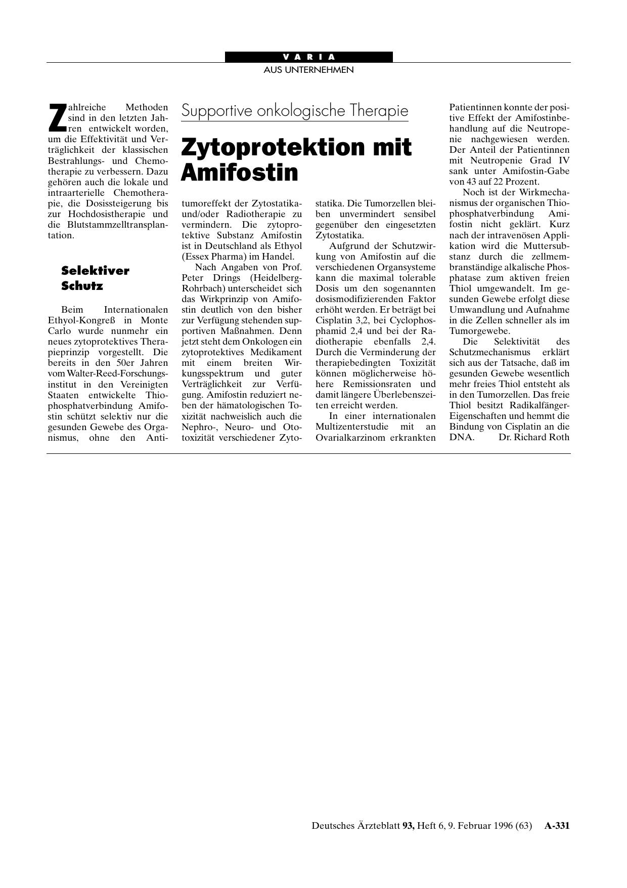 Vorschauseite 1: Supportive onkologische Therapie: Zytoprotektion mit Amifostin