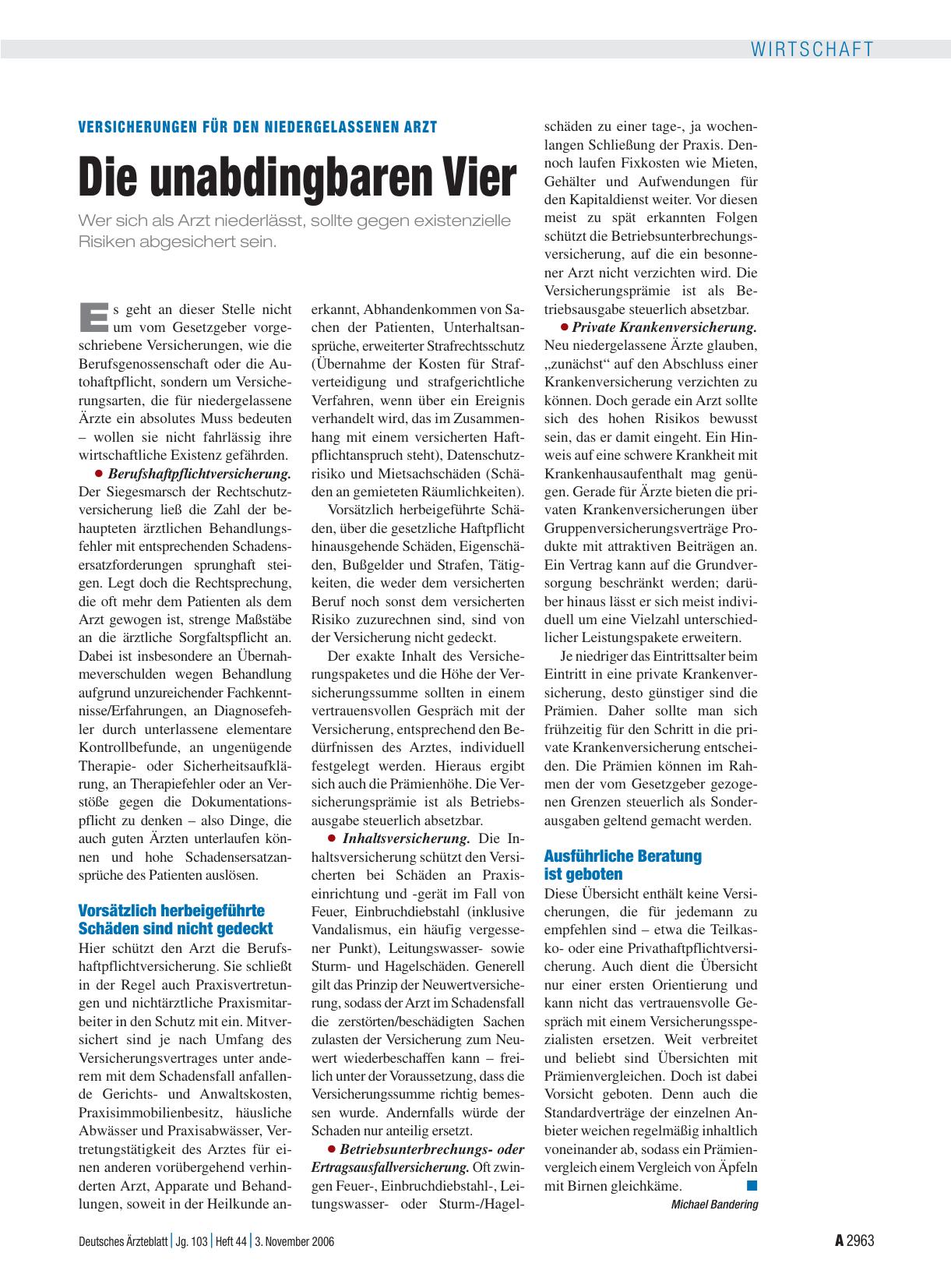 Vorschauseite 1: Versicherungen für den niedergelassenen Arzt: Die unabdingbaren Vier