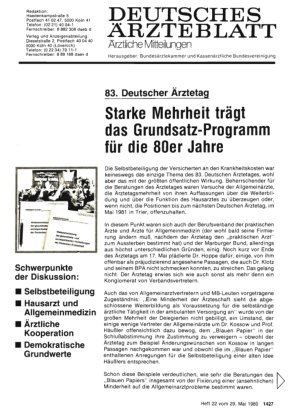 Vorschauseite 1: 83. Deutscher Ärztetag: Starke Mehrheit trägt das Grundsatz-Programm für die 80er Jahre