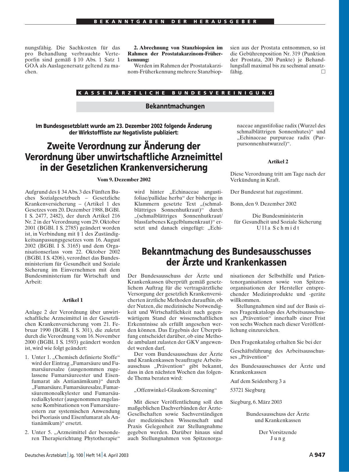 Vorschauseite 1: Bekanntmachung des Bundesausschusses der Ärzte und Krankenkassen