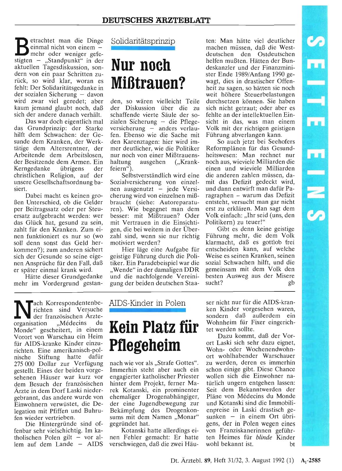 Vorschauseite 1: Solidaritätsprinzip: Nur noch Mißtrauen?