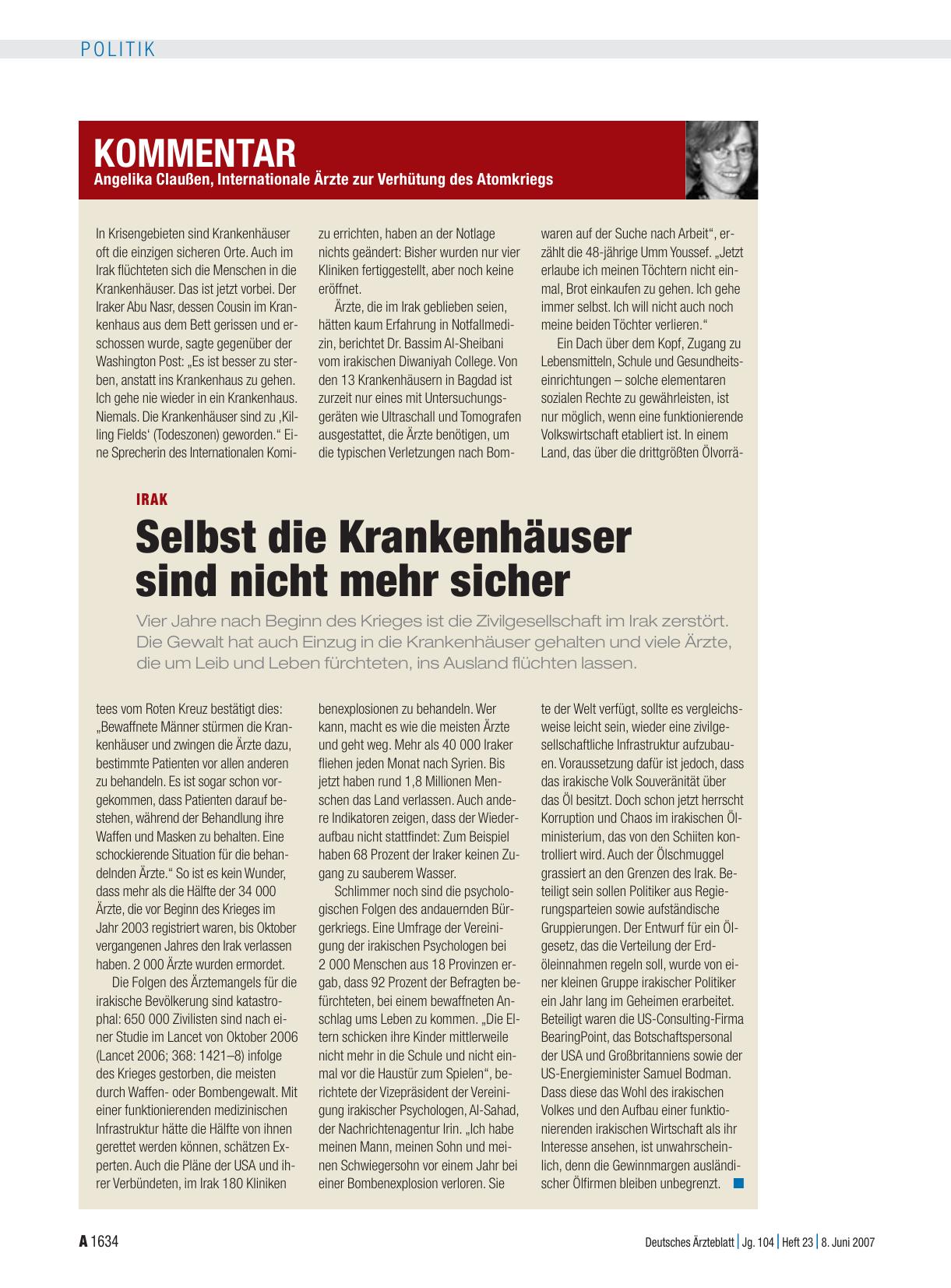 Vorschauseite 1: Irak – Selbst die Krankenhäuser sind nicht mehr sicher