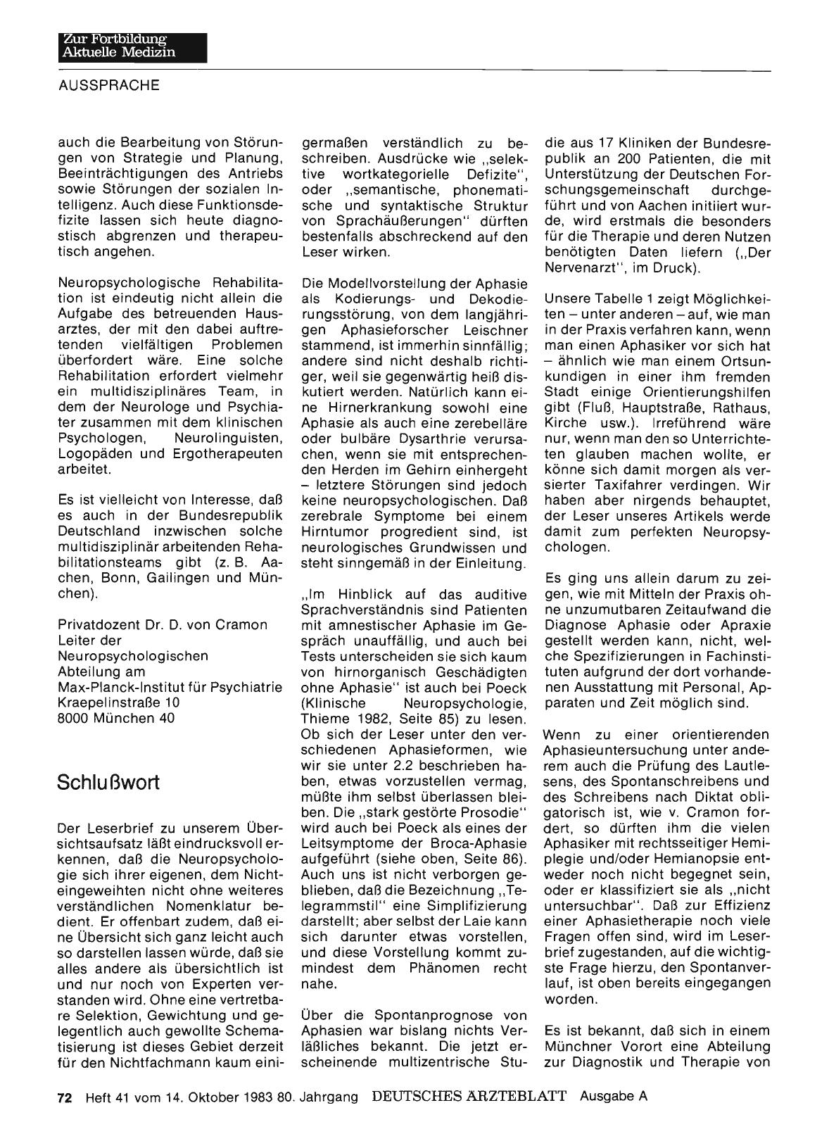 Vorschauseite 1: Neuropsychologische Störungen in Klinik und Praxis: Schlußwort