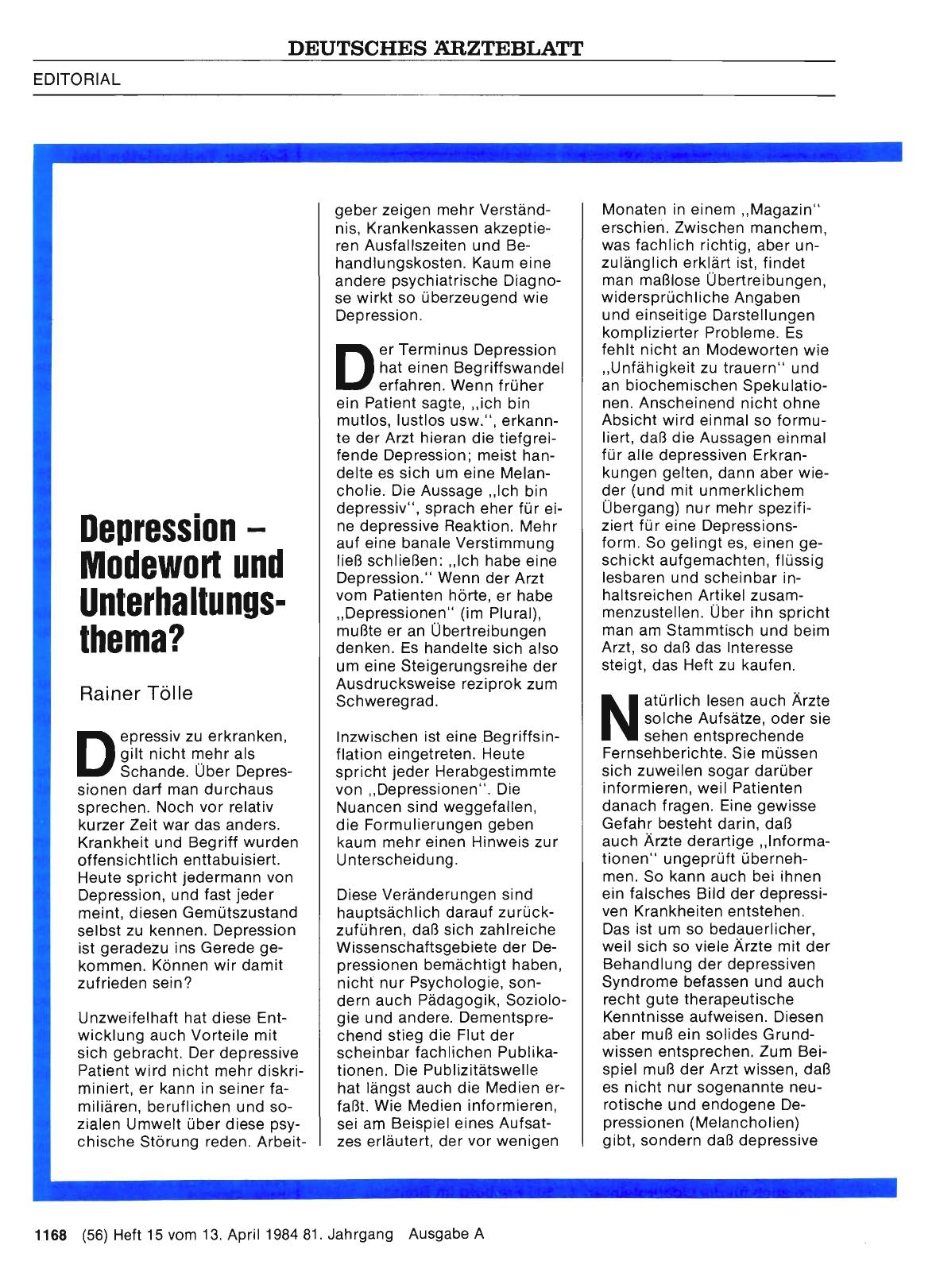 Vorschauseite 1: Depression — Modewort und Unterhaltungsthema?
