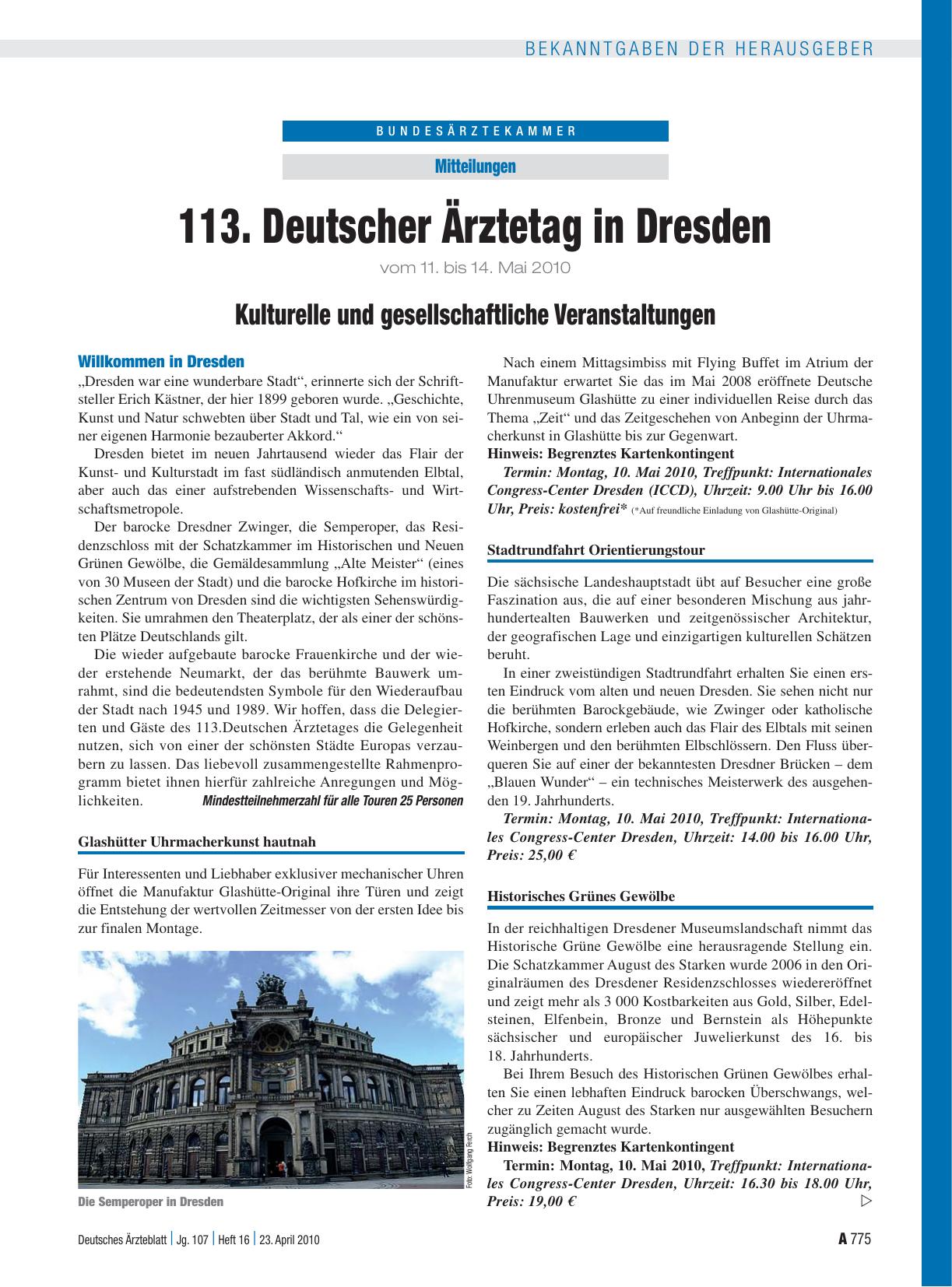 Vorschauseite 1: 113. Deutscher Ärztetag in Dresden vom 11. bis 14. Mai 2010: Kulturelle und gesellschaftliche Veranstaltungen