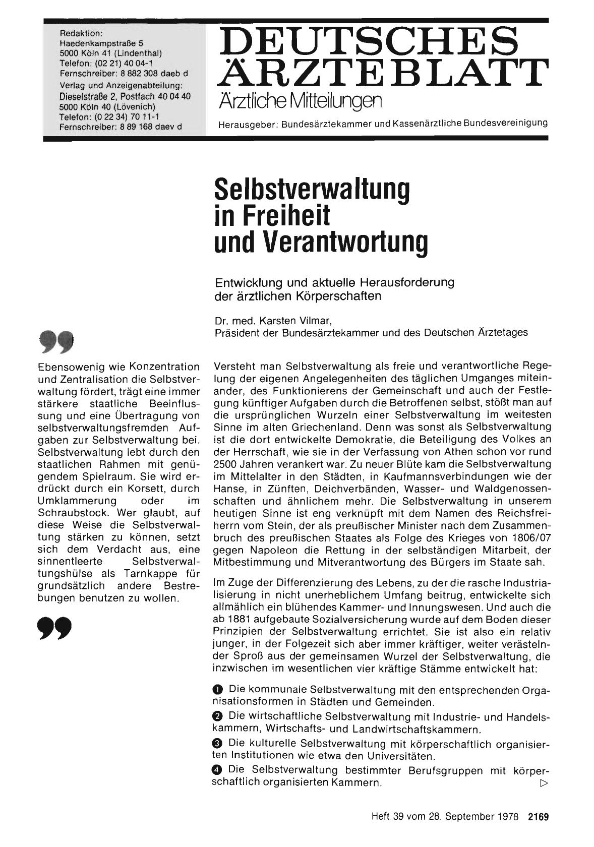 Vorschauseite 1: Selbstverwaltung in Freiheit und Verantwortung: Entwicklung und aktuelle Herausforderung der ärztlichen Körperschaften