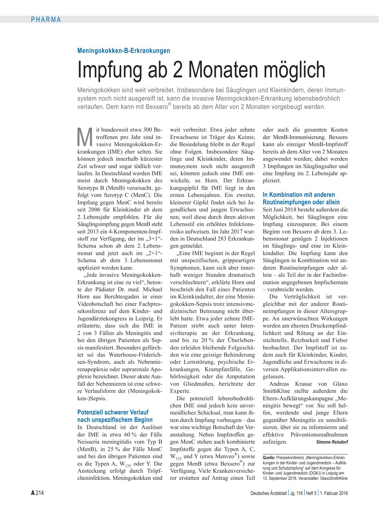 Vorschauseite 1: Meningokokken-B-Erkrankungen: Impfung ab 2 Monaten möglich