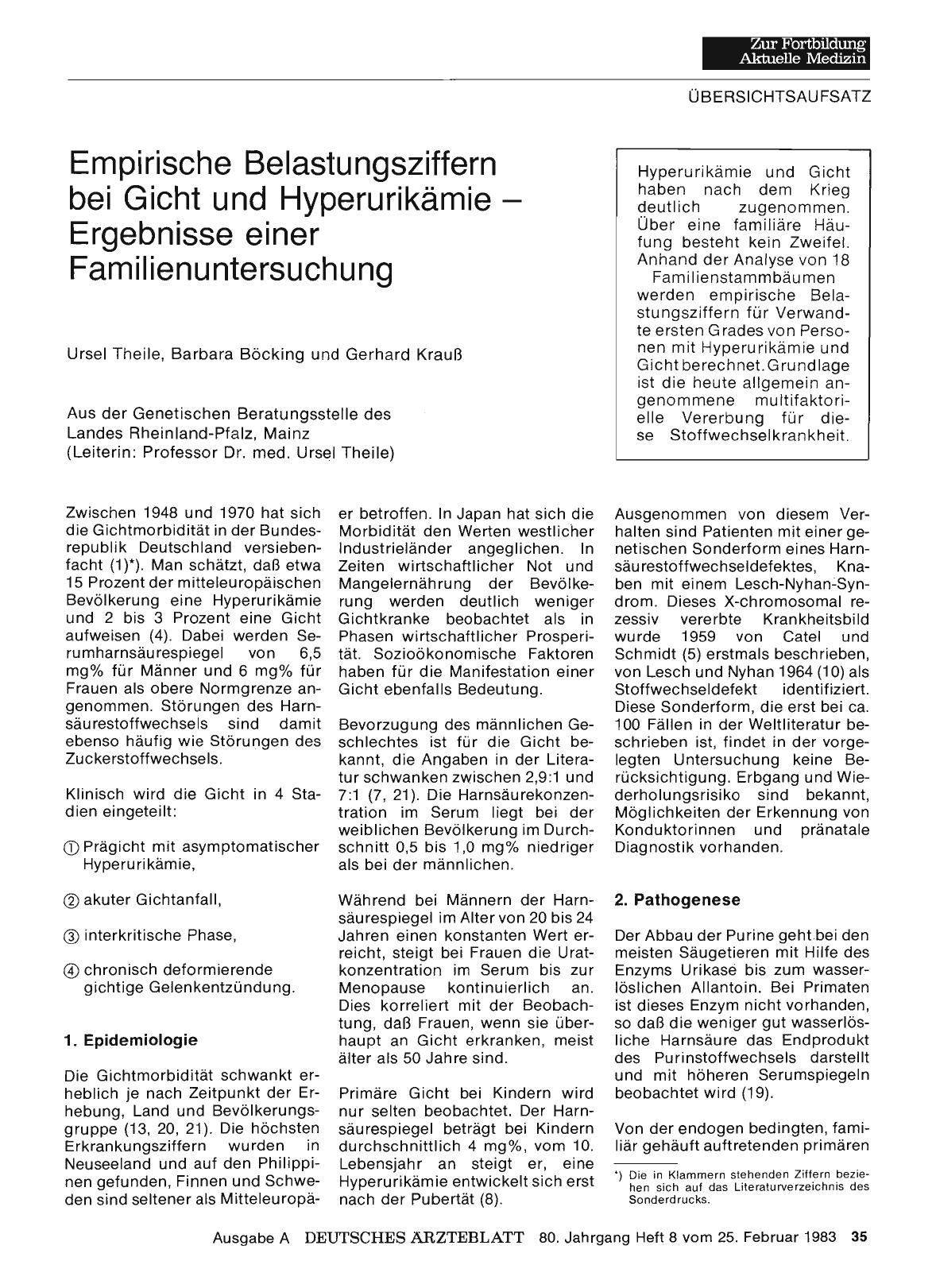 Vorschauseite 1: Empirische Belastungsziffern bei Gicht und Hyperurikämie — Ergebnisse einer Familienuntersuchung