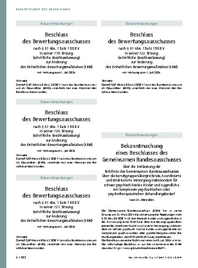Vorschauseite 1: Beschluss des Bewertungsausschusses nach § 87 Abs. 1 Satz 1 SGB V in seiner 720. Sitzung und 721. Sitzung (schriftliche Beschlussfassung), Teil A, Teil B, Teil C, Teil D