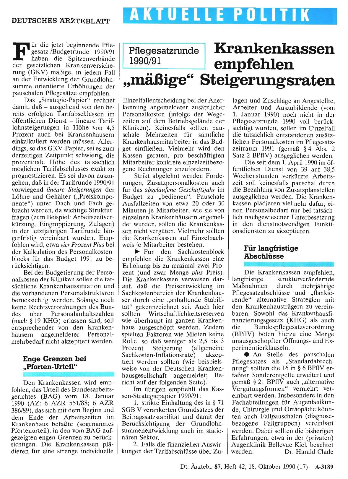 Vorschauseite 1: Pflegesatzrunde 1990/91: Krankenkassen empfehlen „mäßige“ Steigerungsraten