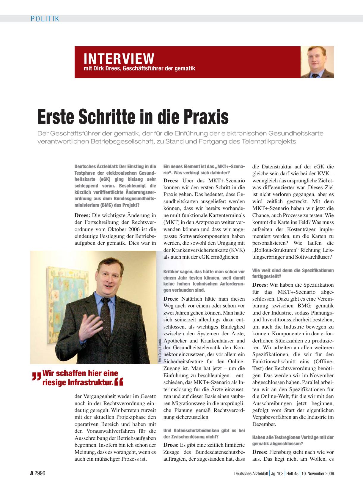 Vorschauseite 1: Interview mit Dirk Drees, Geschäftsführer der gematik: Erste Schritte in die Praxis