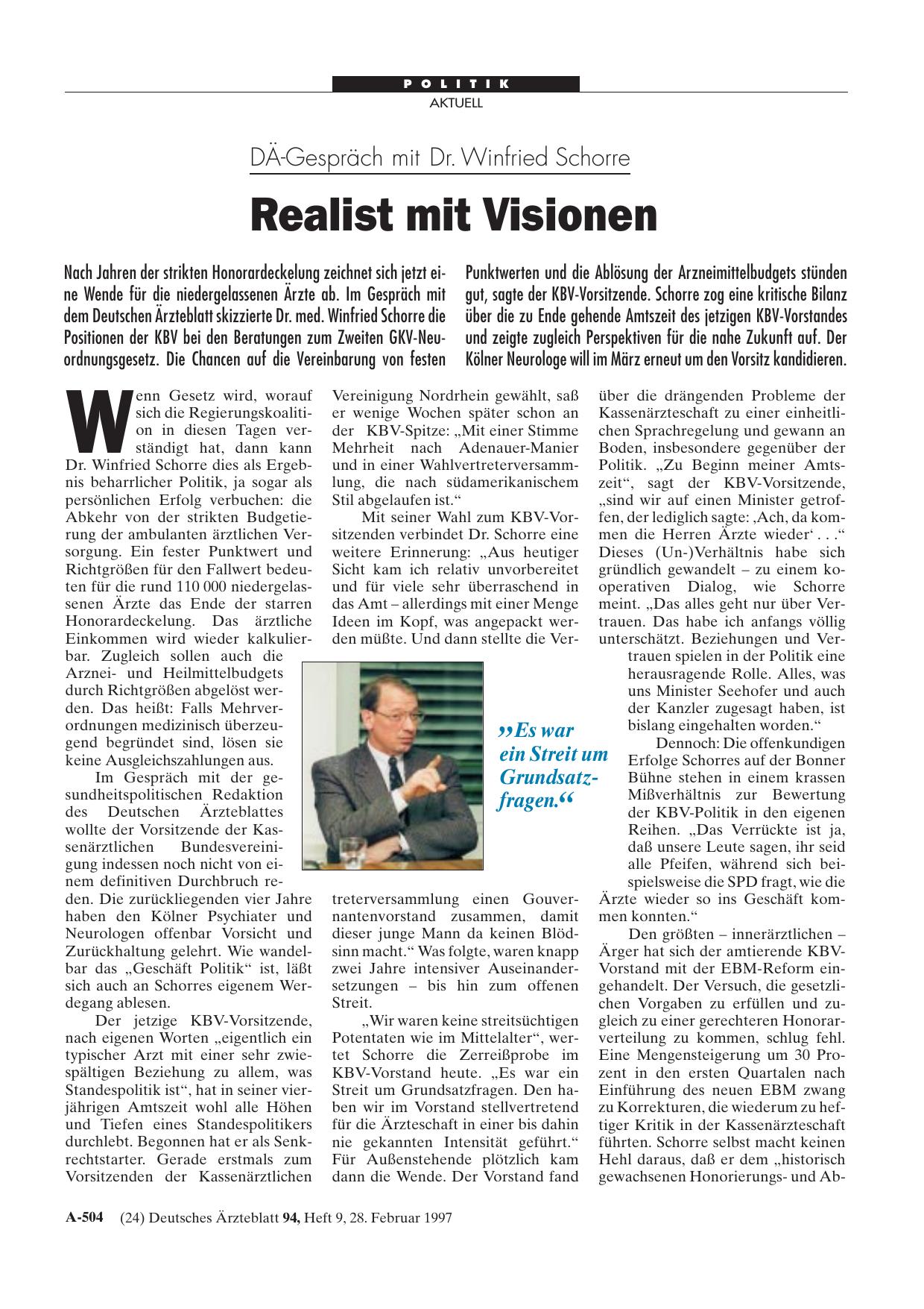 Vorschauseite 1: DÄ-Gespräch mit Dr. Winfried Schorre: Realist mit Visionen
