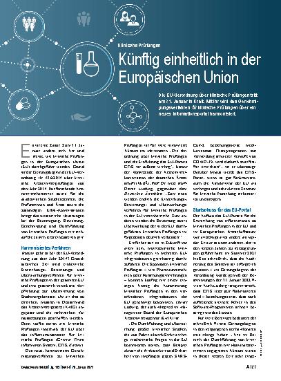 Vorschauseite 1: Klinische Prüfungen: Künftig einheitlich in der Europäischen Union