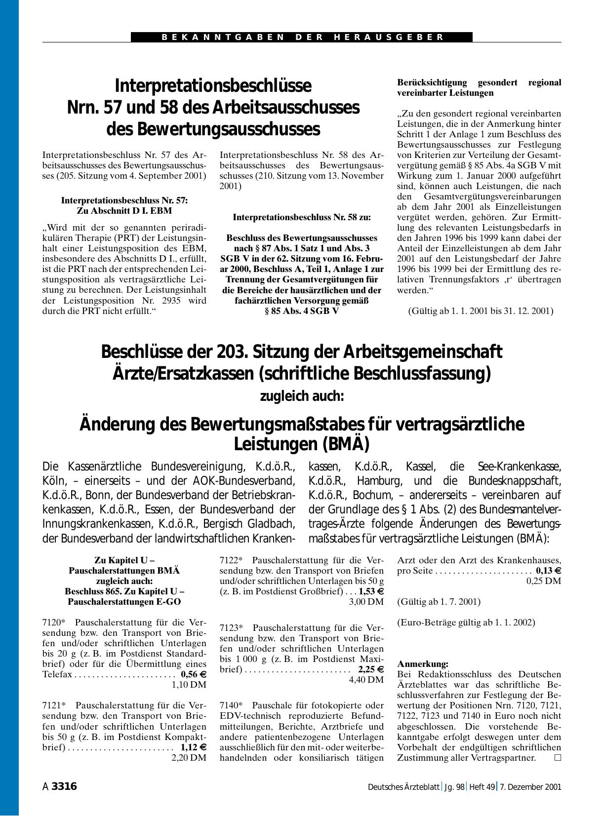Vorschauseite 1: Interpretationsbeschlüsse Nrn. 57 und 58 des Arbeitsausschusses des Bewertungsausschusses