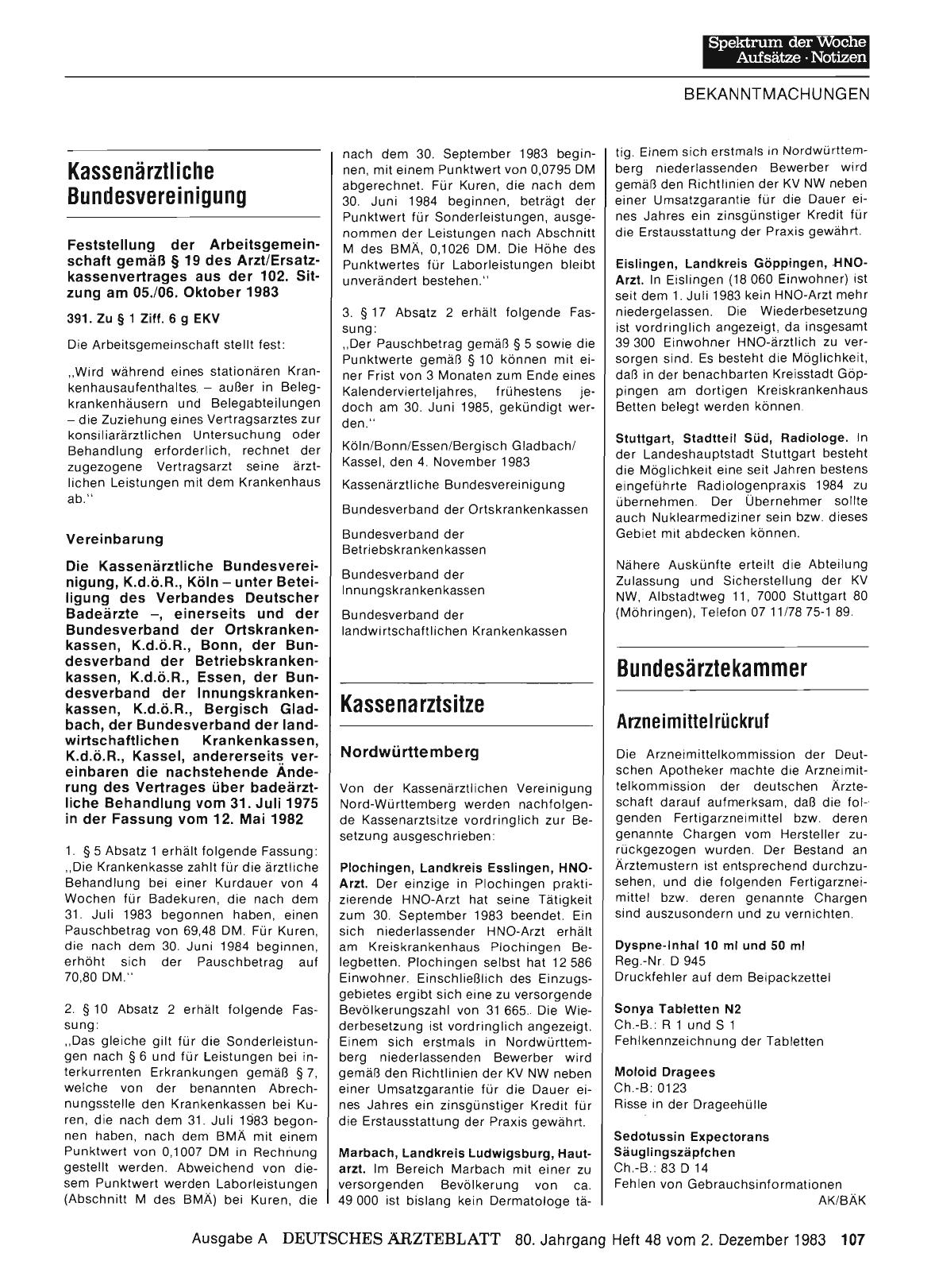 Vorschauseite 1: Kassenärztliche Bundesvereinigung: Feststellung der Arbeitsgemeinschaft gemäß § 19 des Arzt/Ersatzkassenvertrages aus der 102. Sitzung am 05. 106. Oktober 1983
