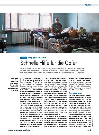 Vorschauseite 1: Krieg gegen die Ukraine: Schnelle Hilfe für die Opfer