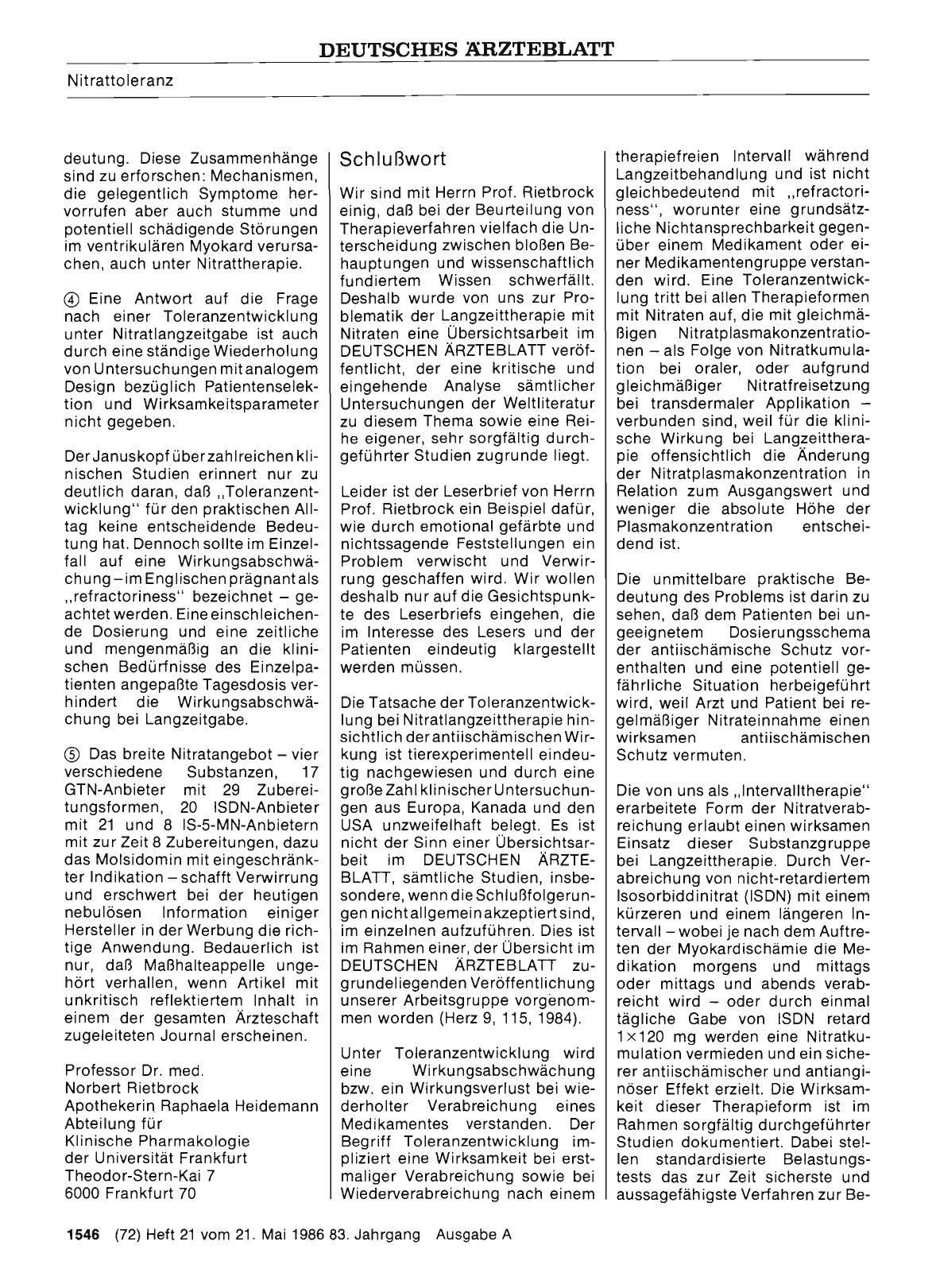 Vorschauseite 1: Nitrattoleranz: Wann tritt sie auf? Wie ist sie vermeidbar? : Schlußwort