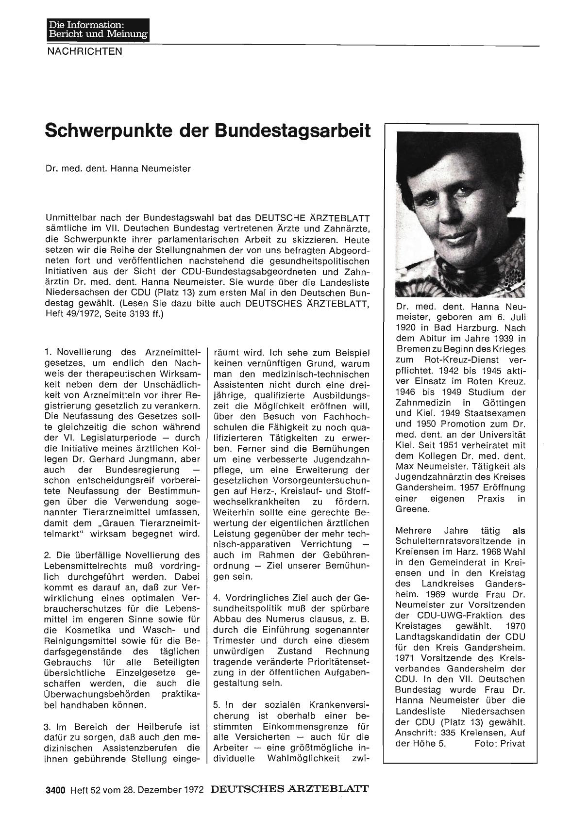 Vorschauseite 1: Dr. med. dent. Hanna Neumeister — Schwerpunkte der Bundestagsarbeit