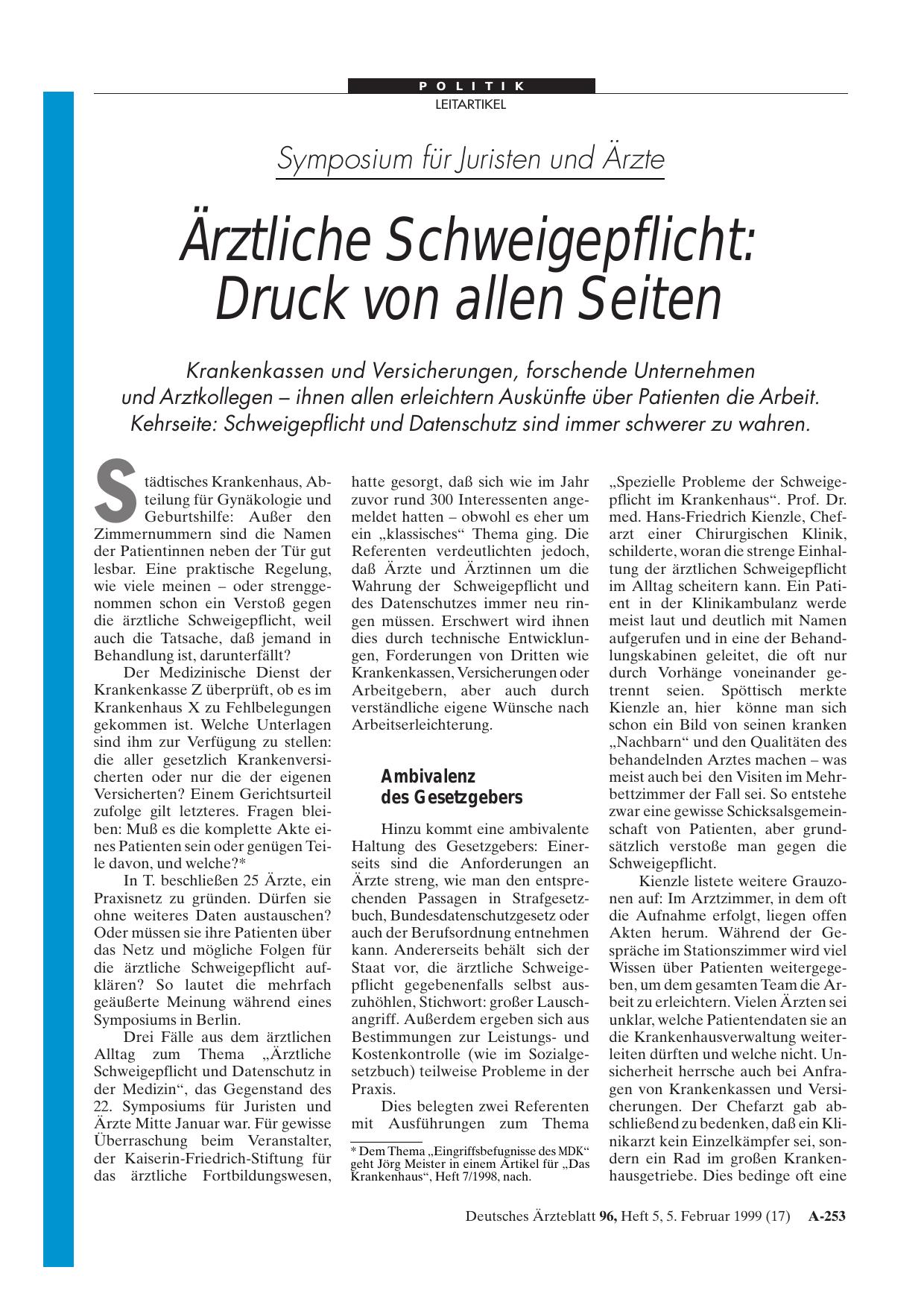 Vorschauseite 1: Symposium für Juristen und Ärzte – Ärztliche Schweigepflicht: Druck von allen Seiten