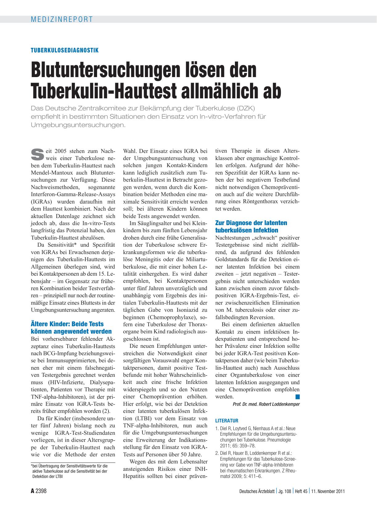 Vorschauseite 1: Tuberkulosediagnostik: Blutuntersuchungen lösen den Tuberkulin-Hauttest allmählich ab