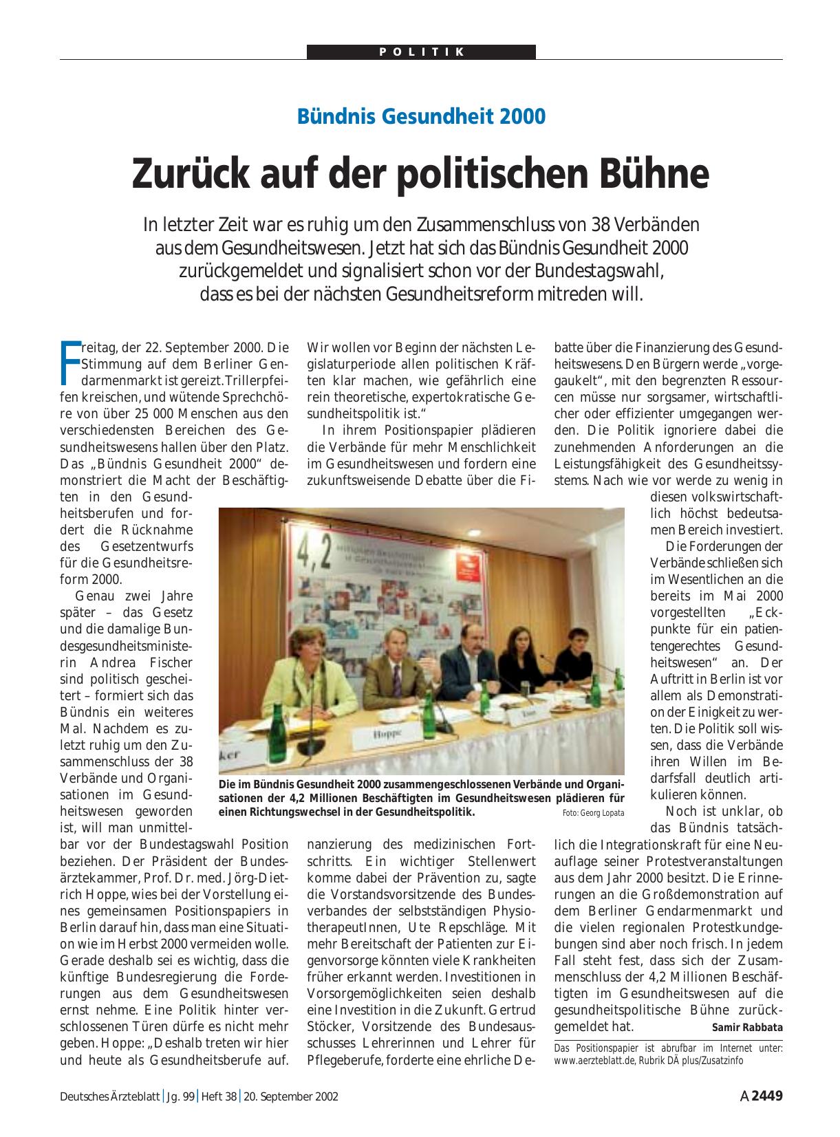 Vorschauseite 1: Bündnis Gesundheit 2000: Zurück auf der politischen Bühne