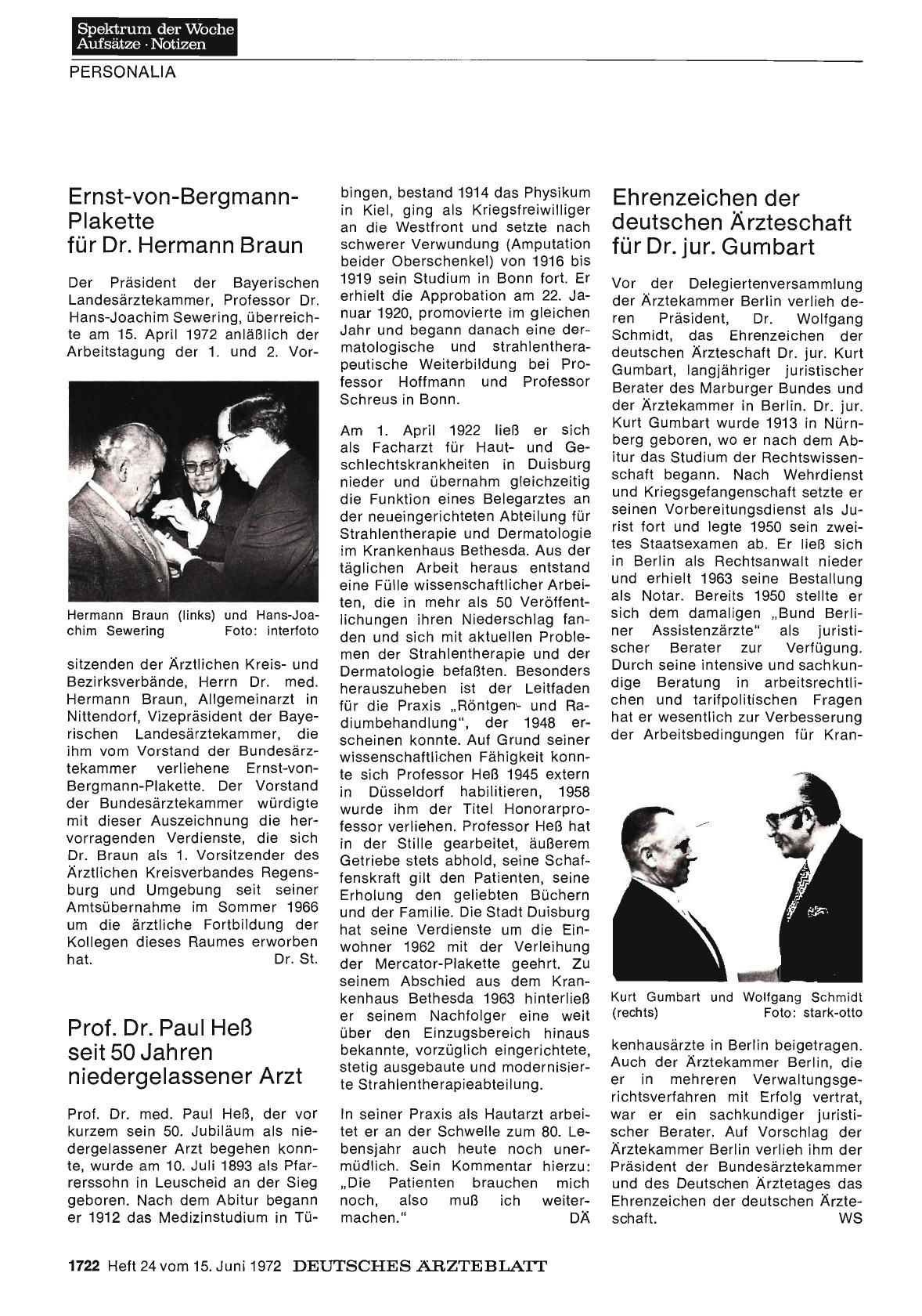 Vorschauseite 1: Ehrenzeichen der deutschen Ärzteschaft für Dr. jur. Gumbart