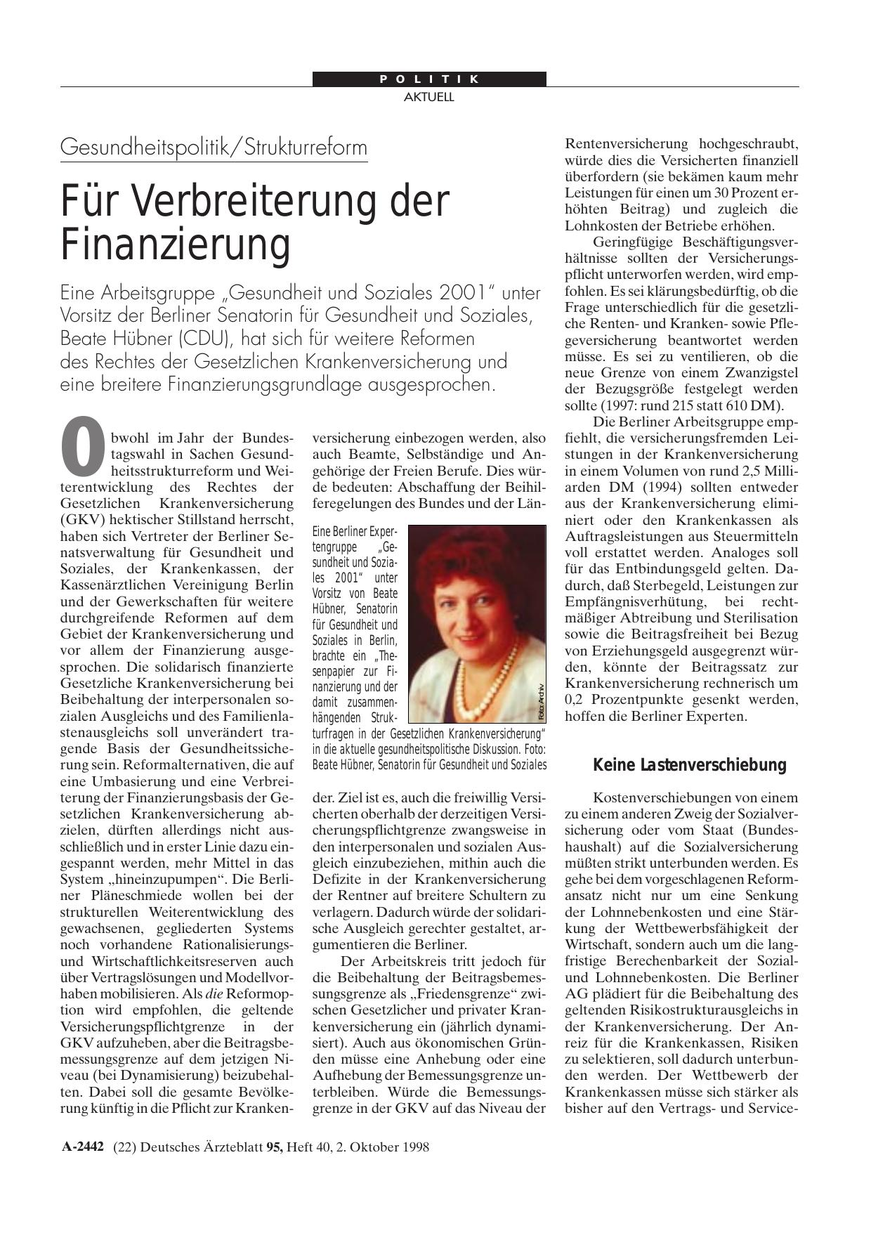 Vorschauseite 1: Gesundheitspolitik/Strukturreform: Für Verbreiterung der Finanzierung