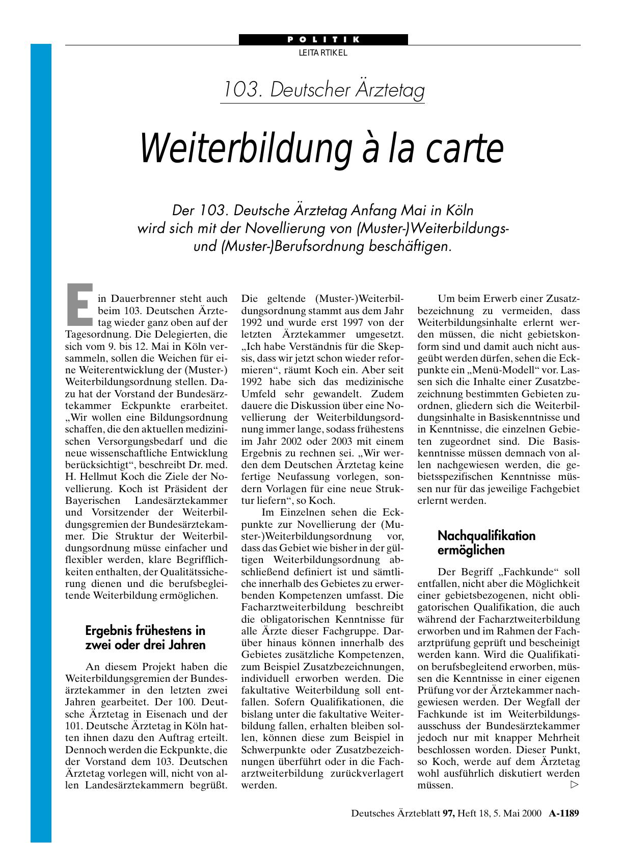 Vorschauseite 1: 103. Deutscher Ärztetag: Weiterbildung a` la carte
