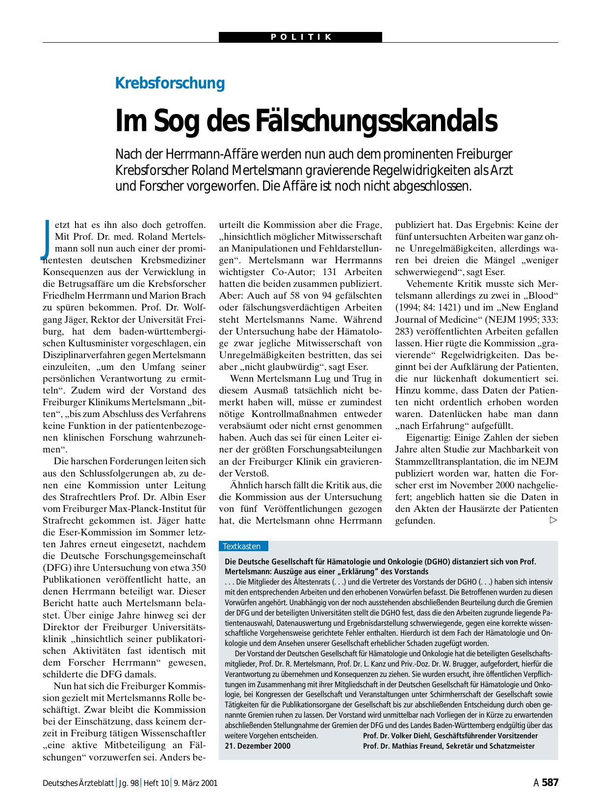 Vorschauseite 1: Die Deutsche Gesellschaft für Hämatologie und Onkologie (DGHO) distanziert sich von Prof. Mertelsmann: Auszüge aus einer „Erklärung“ des Vorstands