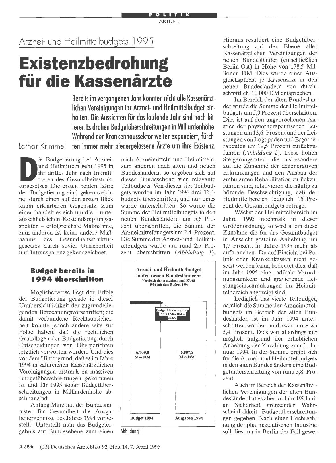 Vorschauseite 1: Arzneiund Heilmittelbudgets: 1995 Existenzbedrohung für die Kassenärzte