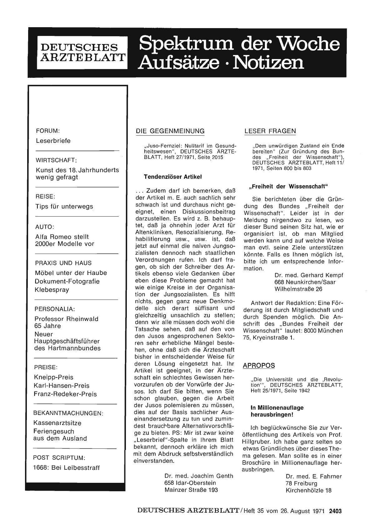 Vorschauseite 1: Leser fragen: „Freiheit der Wissenschaft"