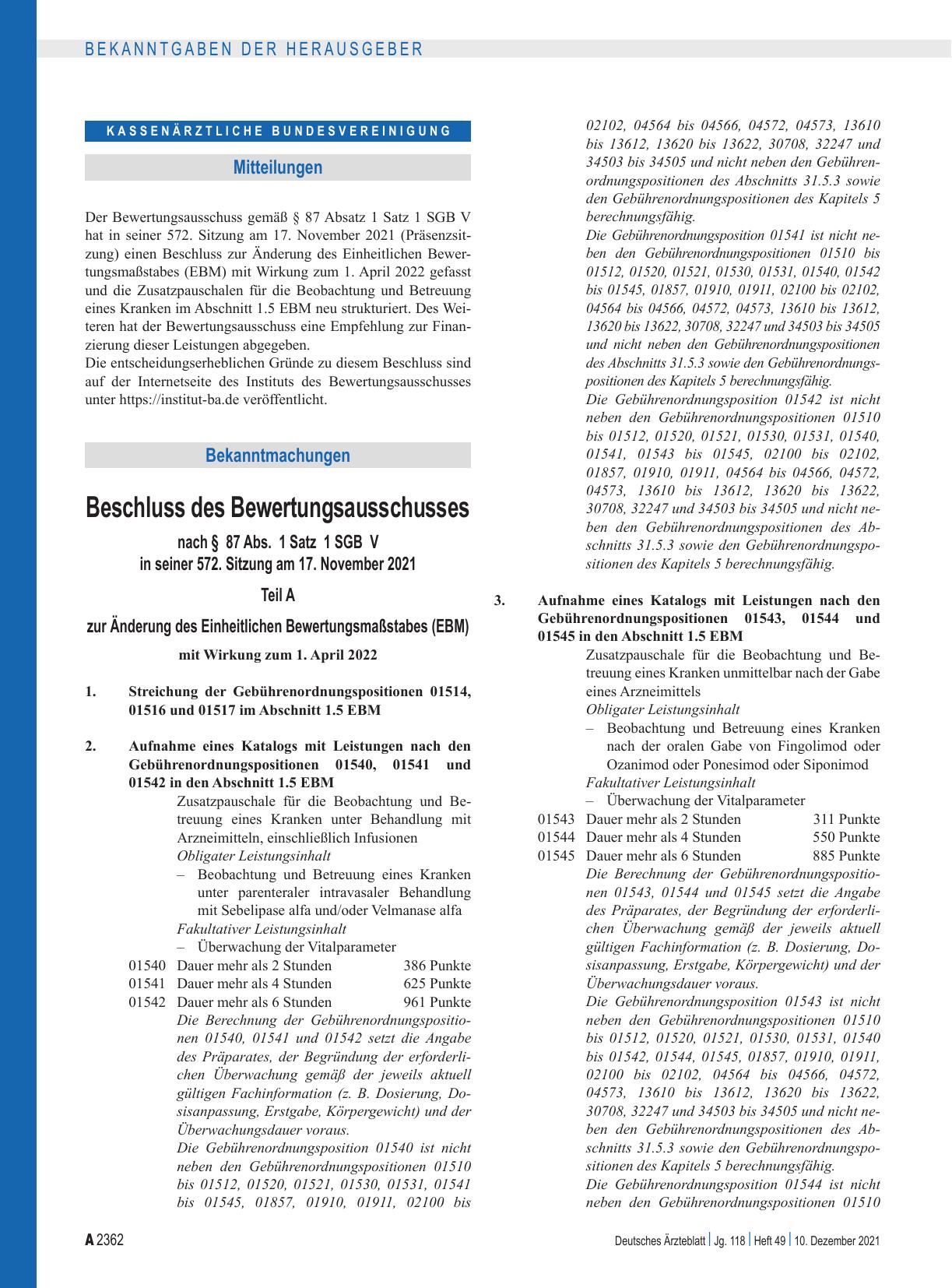 Vorschauseite 1: Beschluss des Bewertungsausschusses nach § 87 Abs. 1 Satz 1 SGB V in seiner 572. Sitzung am 17. November 2021