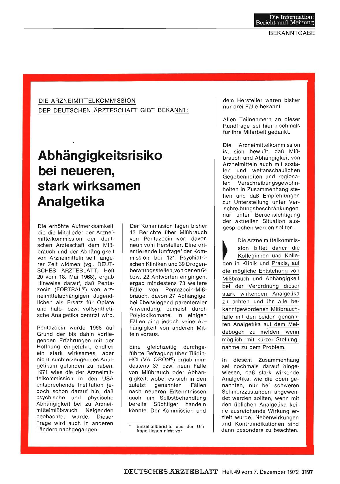 Vorschauseite 1: Abhängigkeitsrisiko bei neueren, stark wirksamen Analgetika