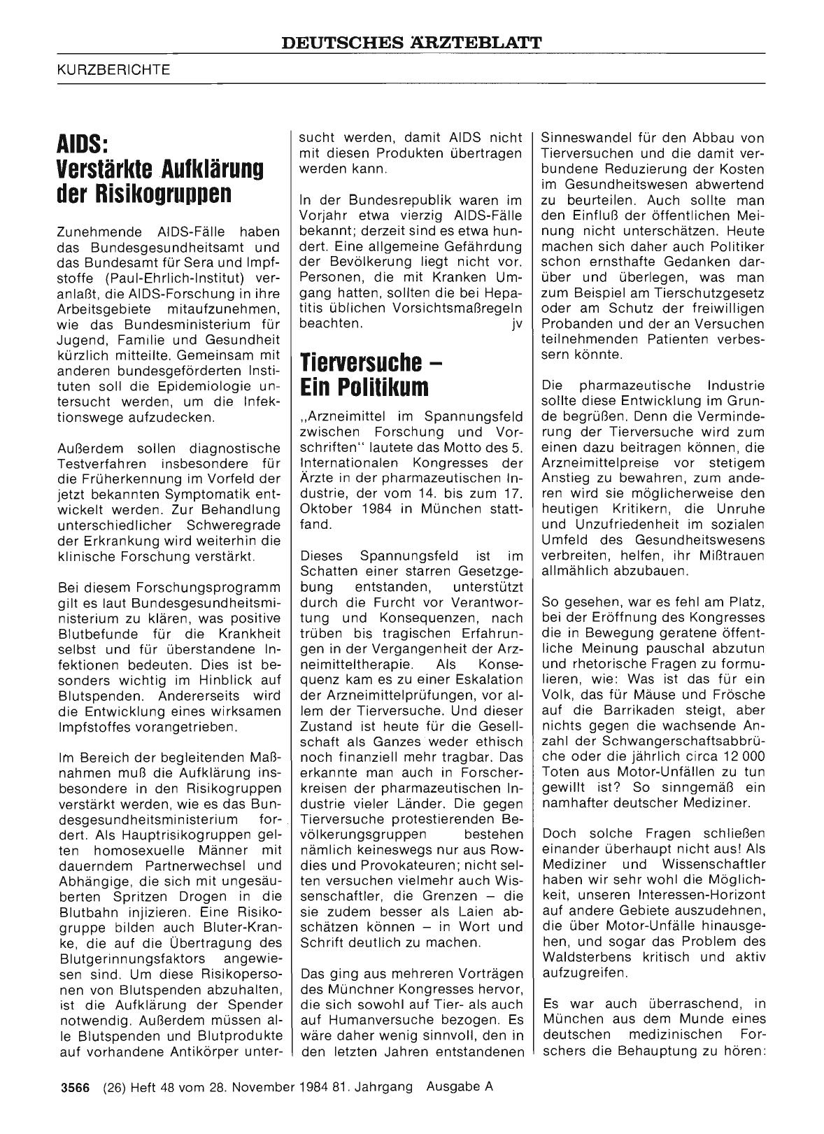 Vorschauseite 1: Tierversuche — Ein Politikum