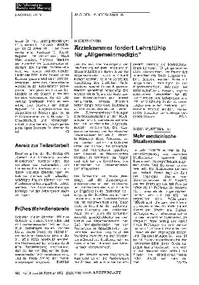 Vorschauseite 1: Niedersachsen - Ärztekammer fordert Lehrstühle für „Allgemeinmedizin"